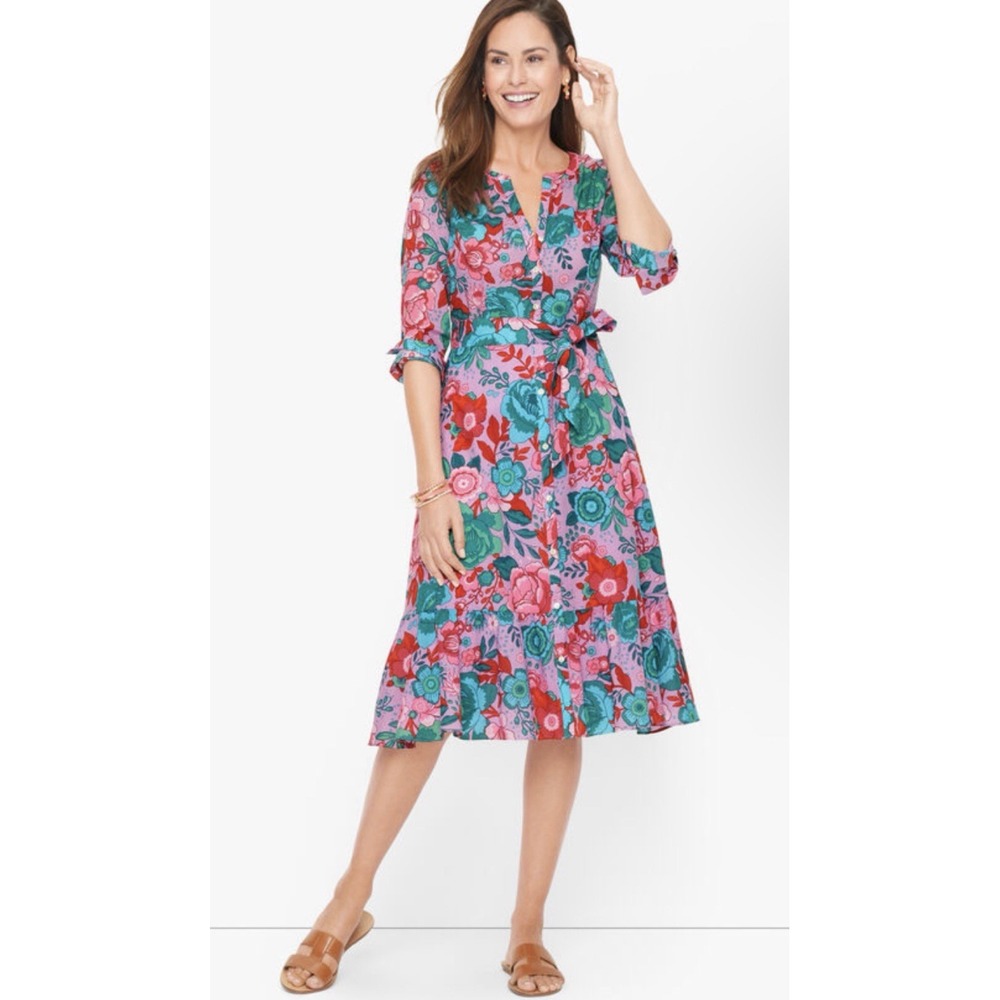 Talbots Sz 16 Belted Floral Shirtdress Sketched Blooms $149 Multicolored Dress